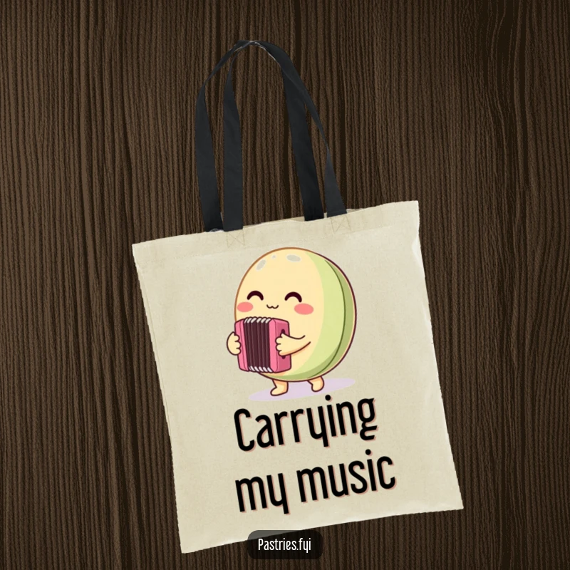 Funny Tote Bag showcasing a round macaron character enthusiastically playing a miniature accordion, a charming and practical accessory for everyday use.