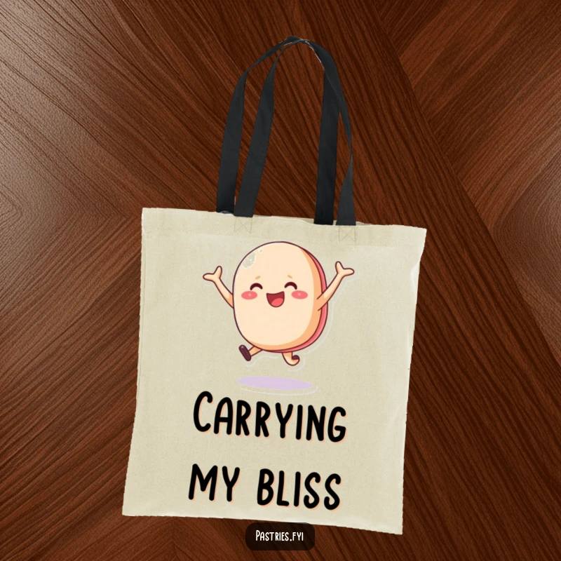 Funny happy macaron character leaping joyfully, printed on an eco-friendly tote bag for stylish and cheerful carrying.