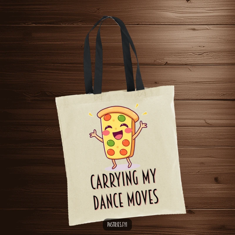 Funny pizza slice tote bag with a Kawaii character doing a lively dance, great for shopping and smiles.