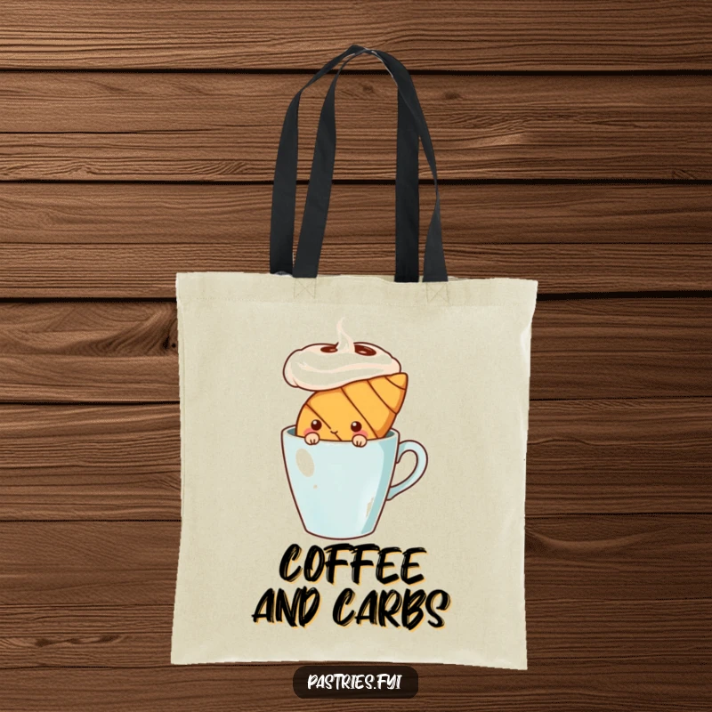 Funny shy croissant character peeking from behind a coffee cup, on a stylish tote bag. A subtle and humorous accessory.