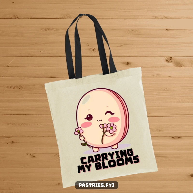 Funny Macaron Tote Bag: A shy, blushing macaron character holding a tiny flower, showcasing its sweet and endearing nature.