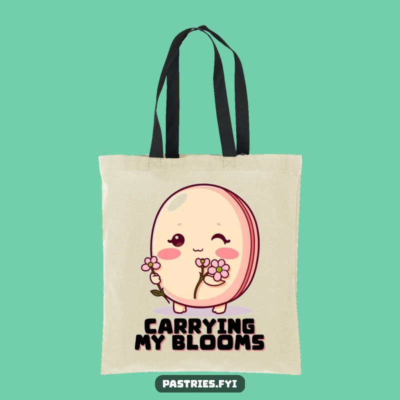 Funny Shy Macaron Tote Bag: Cute blushing character with flower, a perfect shopping funny gift.
