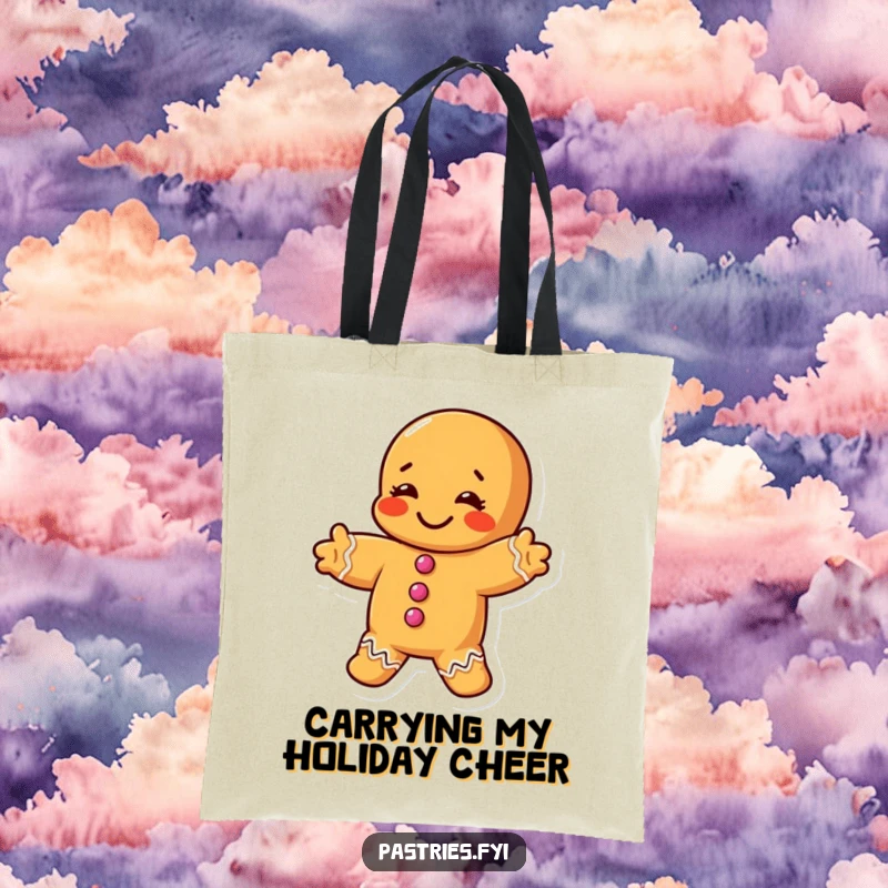 Funny tote bag featuring a chubby gingerbread man character doing a silly stretch, perfect for carrying items with humor.