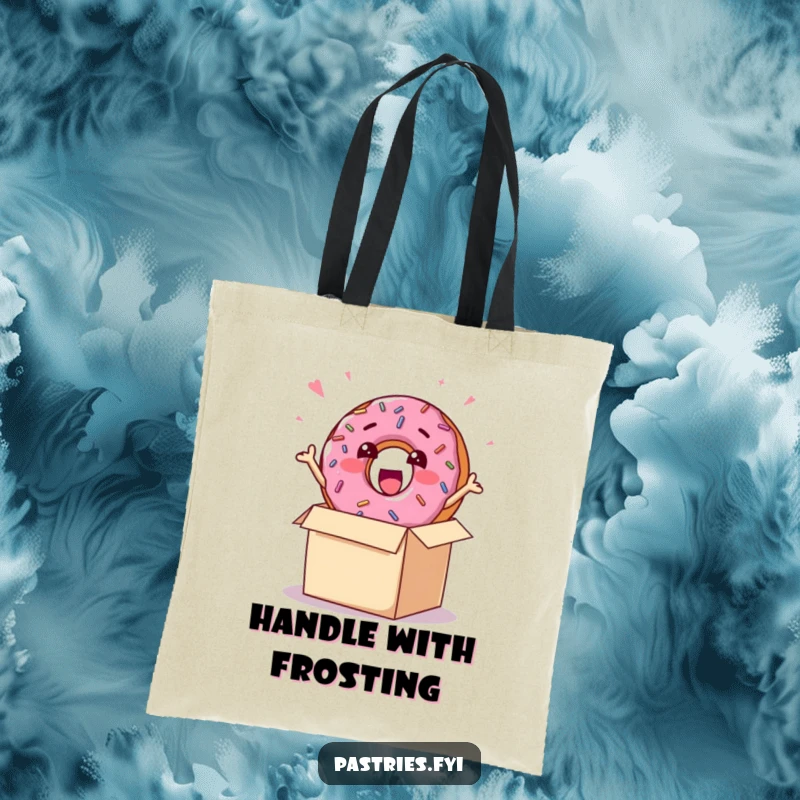 Funny tote bag featuring a cheerful donut character with sprinkles, bursting excitedly out of a box, perfect for carrying sweet finds.