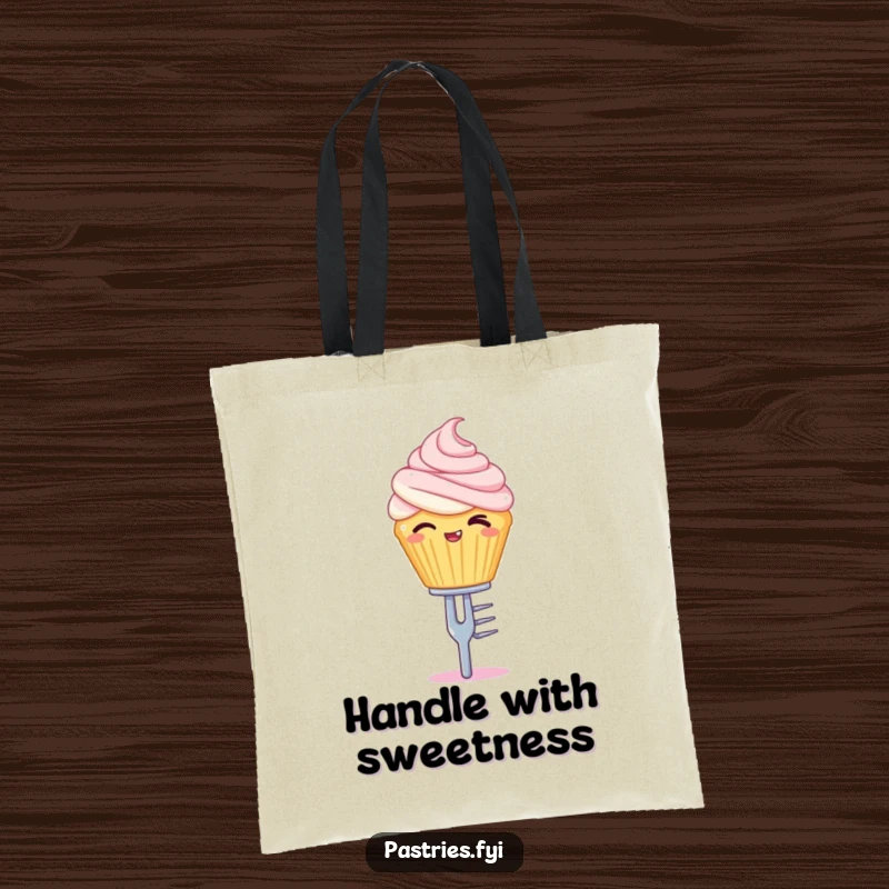 Funny tote bag featuring a winking cupcake character balancing perfectly on a tiny silver fork, ready for shopping.
