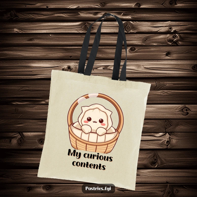 Funny dumpling tote bag with a Kawaii character curiously peeking out, ideal for stylish, inquisitive shoppers.