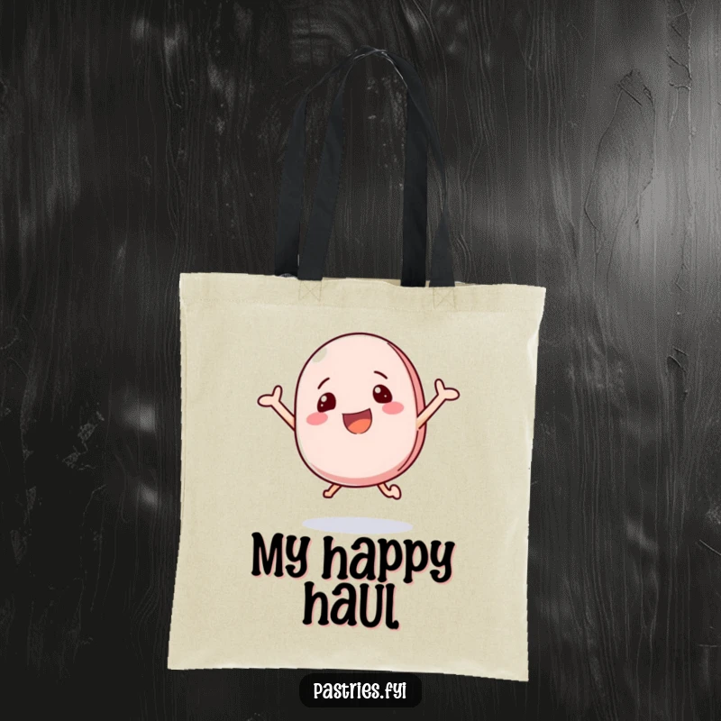 Funny tote bag with a happy macaron character bouncing with excitement, ready for daily use.
