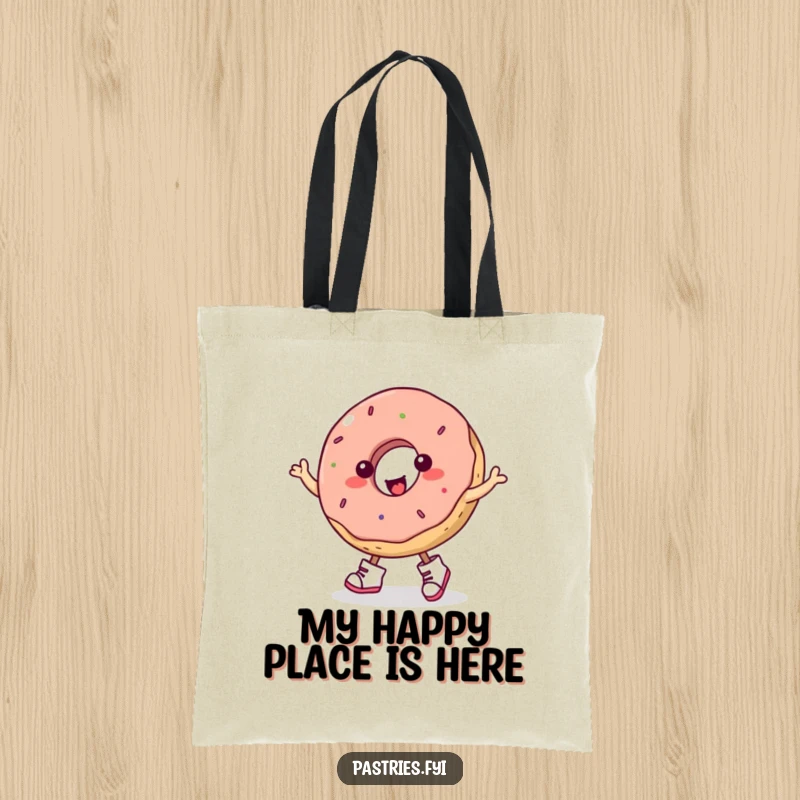 Funny donut in tiny boots doing a spirited jig, a humorous and practical tote bag for everyday use.