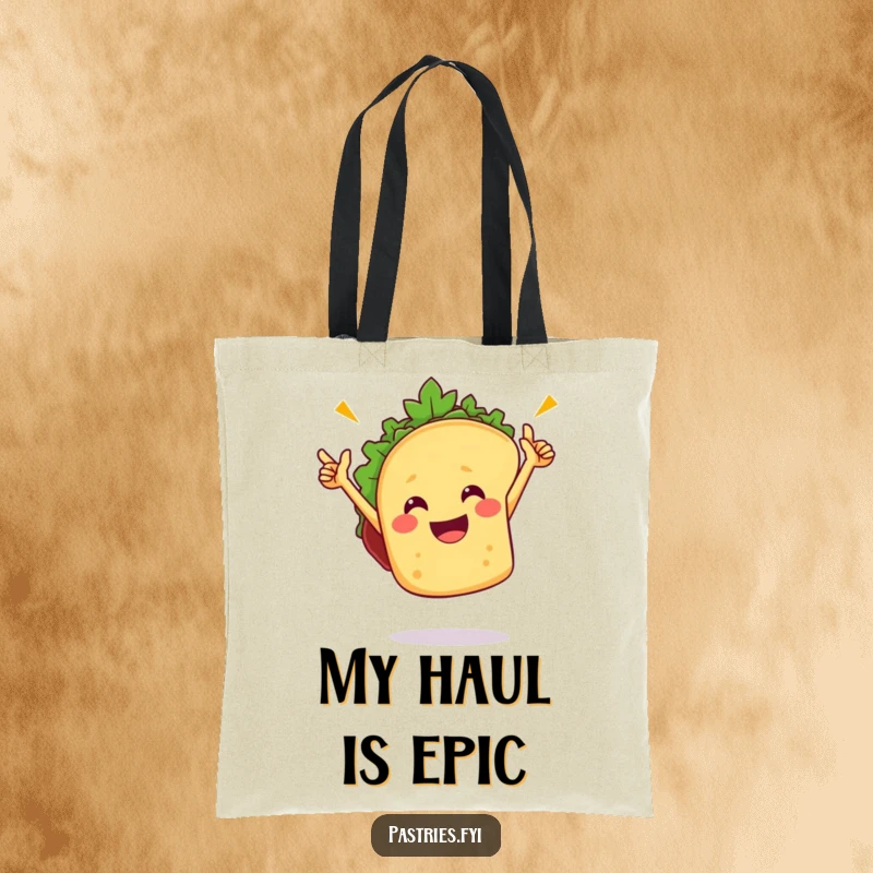 Funny taco tote bag featuring a jubilant taco character in mid-dance, perfect for carrying groceries or essentials with a touch of festive flair.