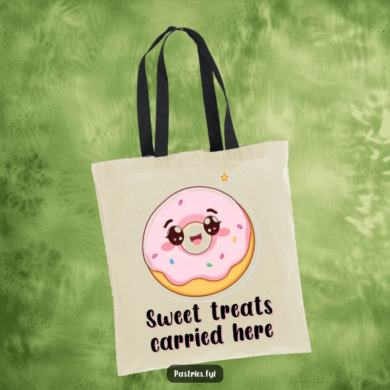 Funny tote bag featuring a wide-eyed donut character spinning with delight, ready to carry your sweet essentials.